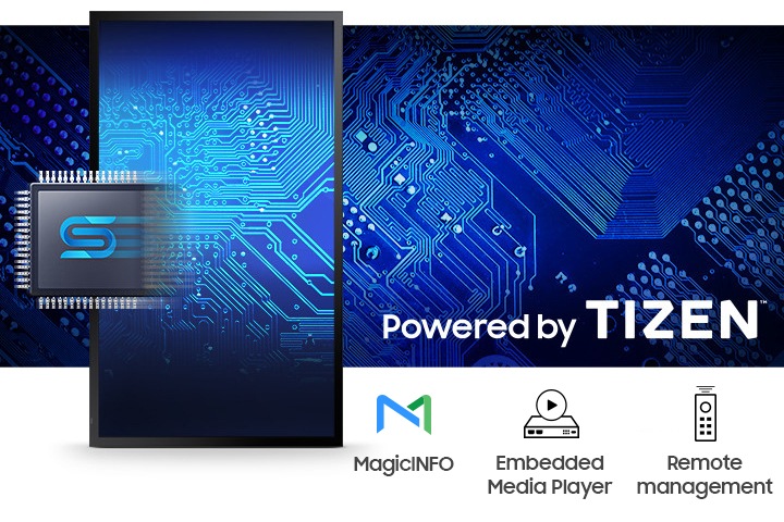 핵심칩과 회로를 표현한 이미지가 있으며, 오른쪽에는 Powered by TIZEN 이라는 문구와 함께 아래로 MagicINFO 로고와 Enbedded Media Player 로고, Remote management 로고가 배치되어 있습니다.