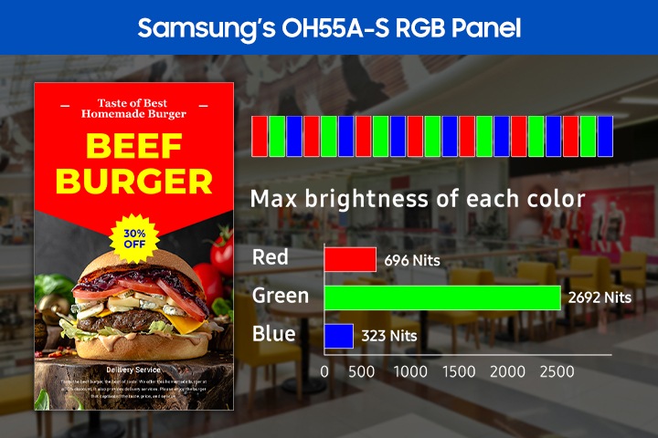 OHA 시리즈의 RGB 패널 설명입니다. 화면 내 보여지는 선명한 색상의 이미지가 있고 우측으로 Red, Green, Blue 값의 Nit 수치값을 보여줍니다.