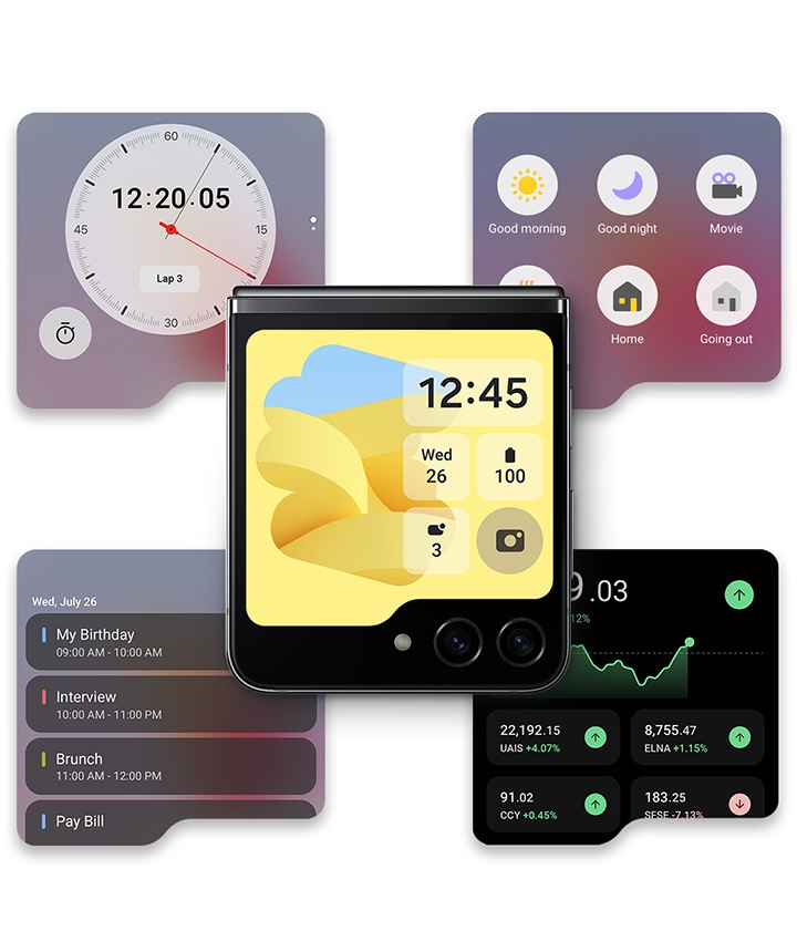 갤럭시 Z 플립5가 접힌 상태로 플렉스 윈도우를 표시하고 있습니다. 주변에는 스톱워치, 스마트 싱스 장면, 캘린더, 삼성헬스 걸음 수 등 플렉스 윈도우로 볼 수 있는 다양한 앱 인터페이스가 타일 형태로 배열되어 있습니다.