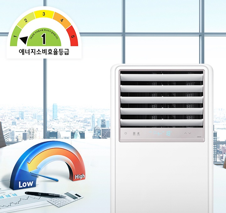 통창의 사무실을 배경으로 에어컨 정면이 보이고 그 옆에는 High에서 Low로 에너지 소비와 전기료 부담이 낮아짐을 표현한 이미지가 함께 배치되어 있습니다.