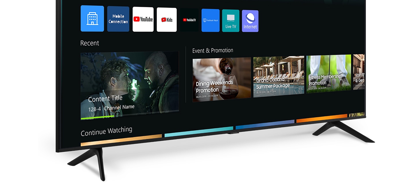 호텔TV CU700 시리즈의 화면이 보여지고 있으며, 화면에는 스마트허브 디스플레이가 보여지고 있습니다.