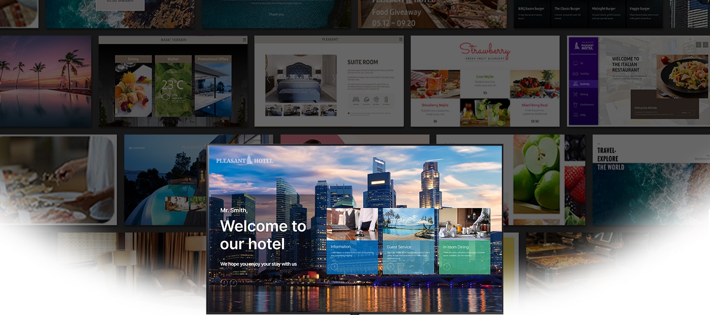 다양한 호텔 플랫폼 화면을 나열하여 보여주고 있습니다. 제일 정면에는 호텔 환영 메시지를 보여주고 있는 CU700 시리즈가 있습니다.