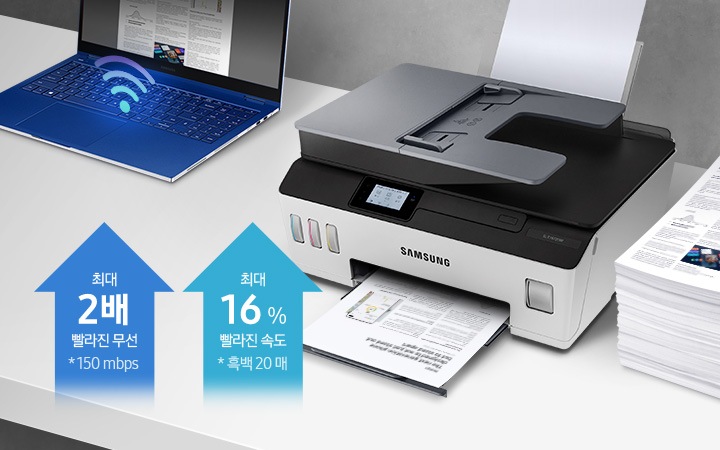 흰색 책상 위에 이미지 왼쪽 부분에는 노트북이 켜져 있으며, 오른쪽 부분에는 오른쪽 위에서 내려본 제품 이미지와 그 오른쪽에 종이가 쌓여 있습니다. 이미지 왼쪽 하단에는 위로 올라가는 파란색상에 화살표에 각각 최대 2배 빨라진 무선 * 150 mbps, 최대 16 % 빨라진 속도 * 흑백 20 매 텍스트가 적혀 있습니다.