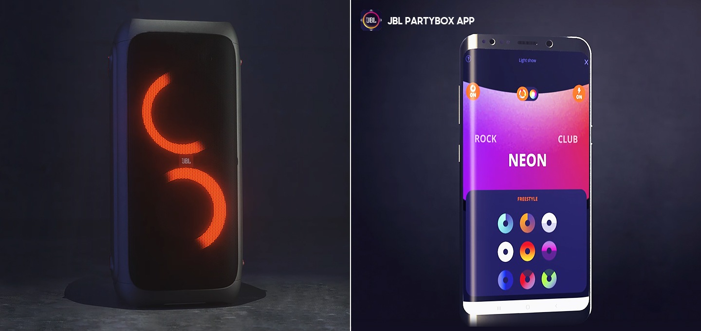JBL PARTYBOX310 제품과 JBL PARTYBOX 앱을 활성화 시키고 있는 스마트폰 이미지입니다.