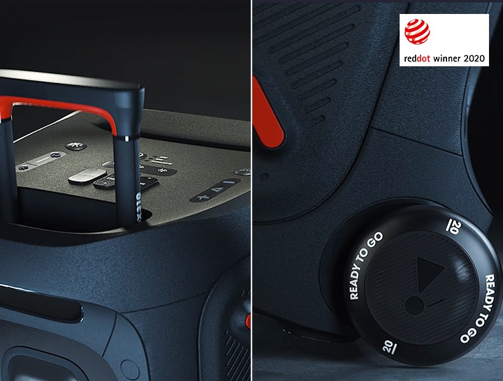 JBL PARTYBOX 310 제품의 손잡이, 하단 글라이드 휠 부분 이미지입니다.