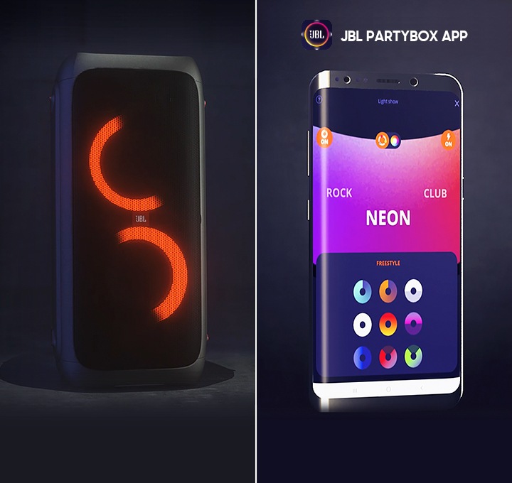 JBL PARTYBOX310 제품과 JBL PARTYBOX 앱을 활성화 시키고 있는 스마트폰 이미지입니다.
