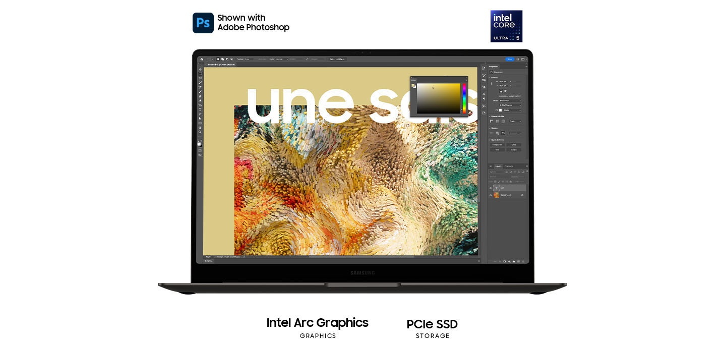 그라파이트 색상의 갤럭시 북3 Pro가 정면을 향해 열려있습니다. 화면에는 화려한 추상화 이미지가 열려있는 Adobe Photoshop이 띄워져 있습니다. Adobe Photoshop 로고가 표시되어 있고 하단에는 