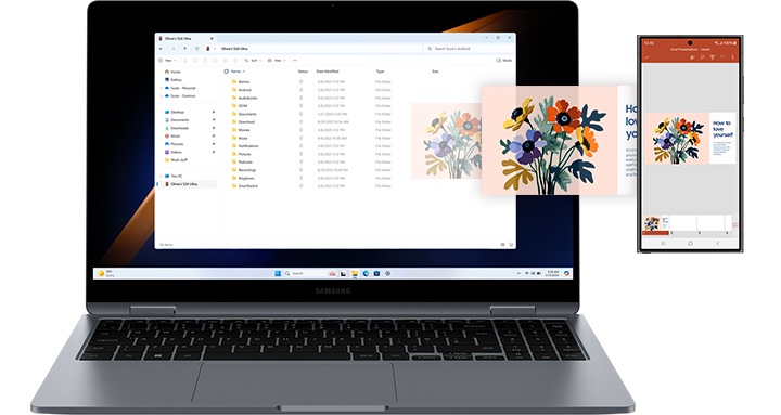그레이 컬러의 갤럭시 북4 360과 갤럭시 S24 Ultra가 나란히 배치되어 있습니다. 이미지와 텍스트로 구성된 문서를 갤럭시 S24 Ultra에서 Adobe Acrobat 앱을 통해 열고, 갤럭시 북4에서 파일탐색기를 통해 다른 폴더와 함께 해당 문서에 액세스 하고 있습니다.