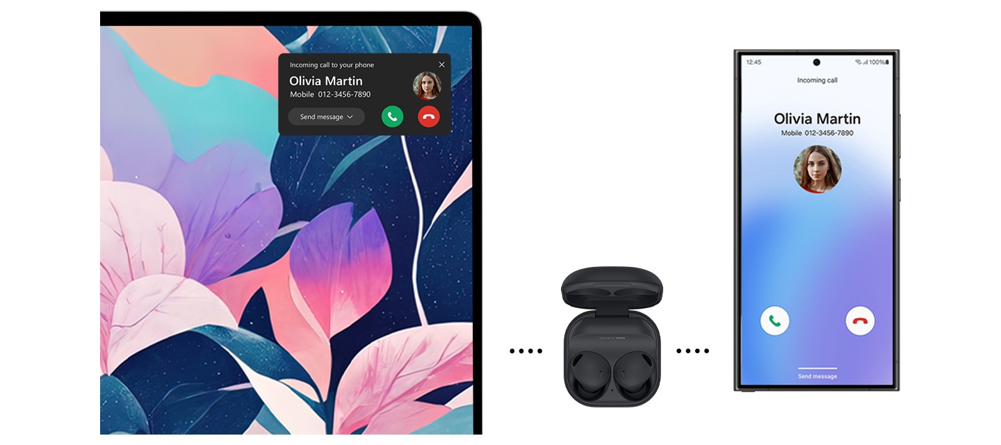 갤럭시 버즈2 프로를 갤럭시 북4 360과 갤럭시 S24 Ultra에 페어링했습니다. 전화 수신 화면이 갤럭시 S24 Ultra에 표시됩니다. 갤럭시 북4 360에는 전화 알림 팝업창이 떠있습니다. 갤럭시 버즈2 프로 오디오가 중간에 위치하여 노트북과 스마트폰 간에 자동으로 오디오가 전환됨을 나타내고 있습니다.