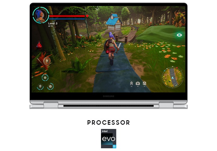 게임이 플레이되고 있는 갤럭시 북4 360이 있으며, 제품의 하단에는 evo i5 로고가 있습니다.