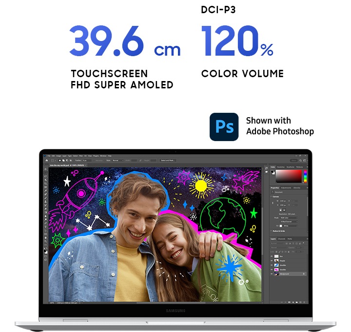 갤럭시 북4 360이 오픈된 상태로 보이며, 화면에는 커플의 사진과 함께 선명한 컬러의 일러스트로 꾸민 포토샵 작업 화면이 보입니다. 제품의 우측 상단에는 Adobe 포토샵 로고가 있고 최상단 중앙에는 39.6 cm, DCI-P3 120%라고 표기되어 있습니다.