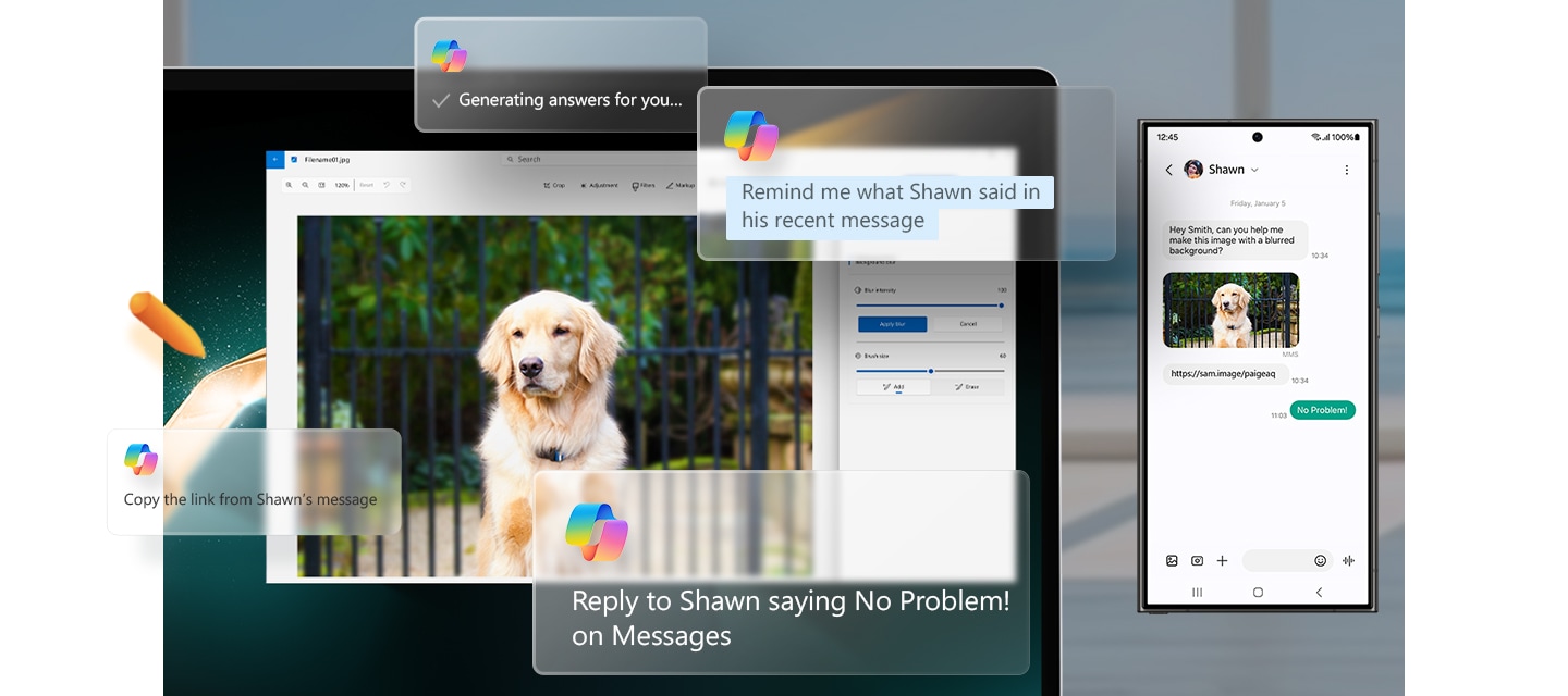 갤럭시 북4 360과 갤럭시 S24 Ultra가 나란히 배치되어 있습니다. 갤럭시 북4 360에서 Microsoft Copilot의 맞춤형 AI 채팅 프롬프트를 통해 갤럭시 S24 Ultra에 표시된 연락처 정보로 메시지를 보내고 있습니다. 