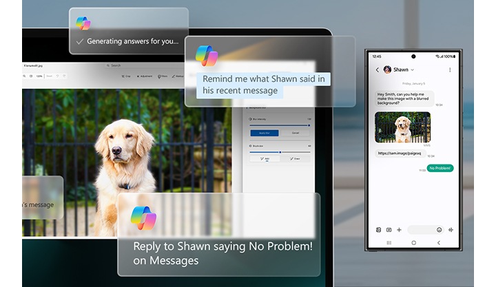 갤럭시 북4 360과 갤럭시 S24 Ultra가 나란히 배치되어 있습니다. 갤럭시 북4 360에서 Microsoft Copilot의 맞춤형 AI 채팅 프롬프트를 통해 갤럭시 S24 Ultra에 표시된 연락처 정보로 메시지를 보내고 있습니다. 