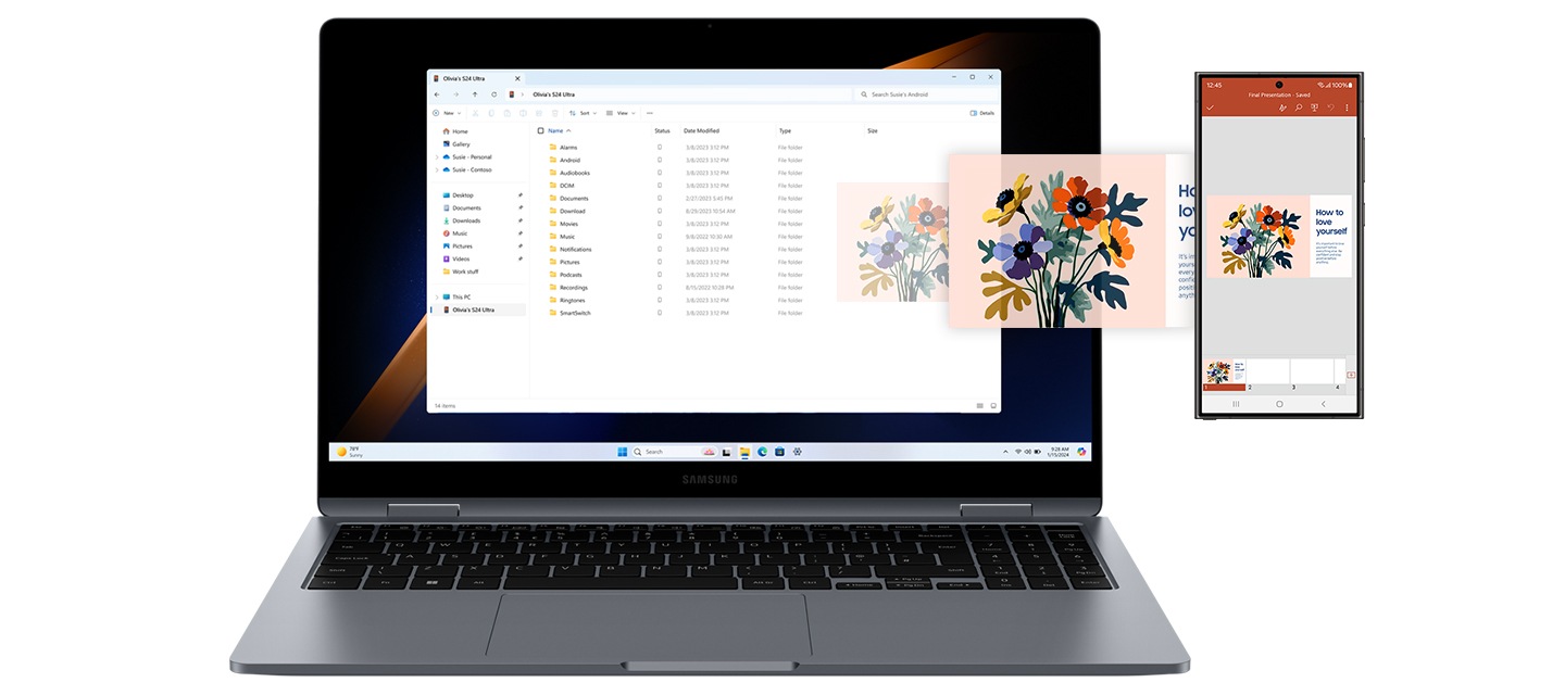 그레이 컬러의 갤럭시 북4 360과 갤럭시 S24 Ultra가 나란히 배치되어 있습니다. 이미지와 텍스트로 구성된 문서를 갤럭시 S24 Ultra에서 Adobe Acrobat 앱을 통해 열고, 갤럭시 북4에서 파일탐색기를 통해 다른 폴더와 함께 해당 문서에 액세스 하고 있습니다.