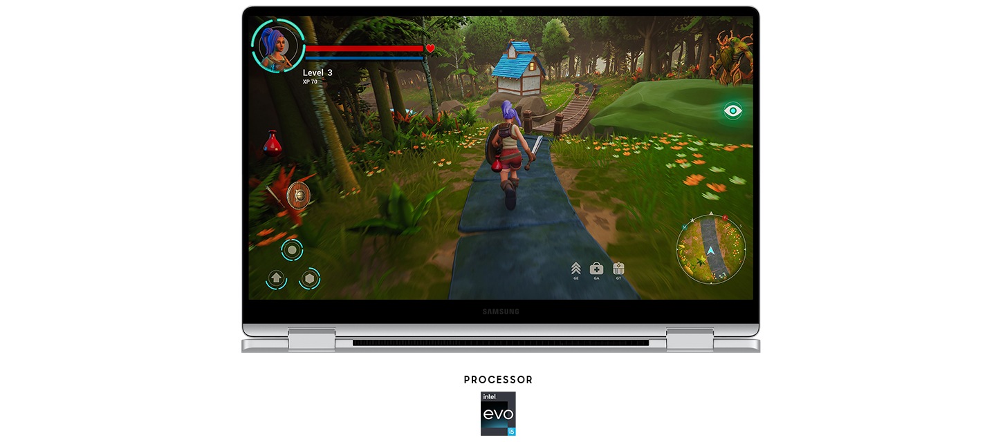 게임이 플레이되고 있는 갤럭시 북4 360이 있으며, 제품의 하단에는 evo i5 로고가 있습니다.