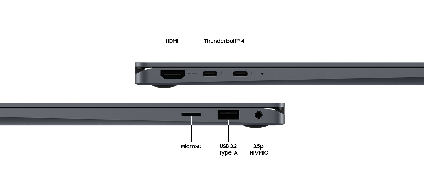 그레이 컬러의 갤럭시 북4 360 2대가 위아래로 배치되어 기기의 좌측면과 우측면 포트 레이아웃을 드러내고 있습니다. 각각의 포트가 무엇인지 설명해주는 명칭이 표기되어 있습니다. HDMI, Thunderbolt™ 4, Micro SD, USB 3.2 Type-A, 3.5pi HP/MIC 입니다.