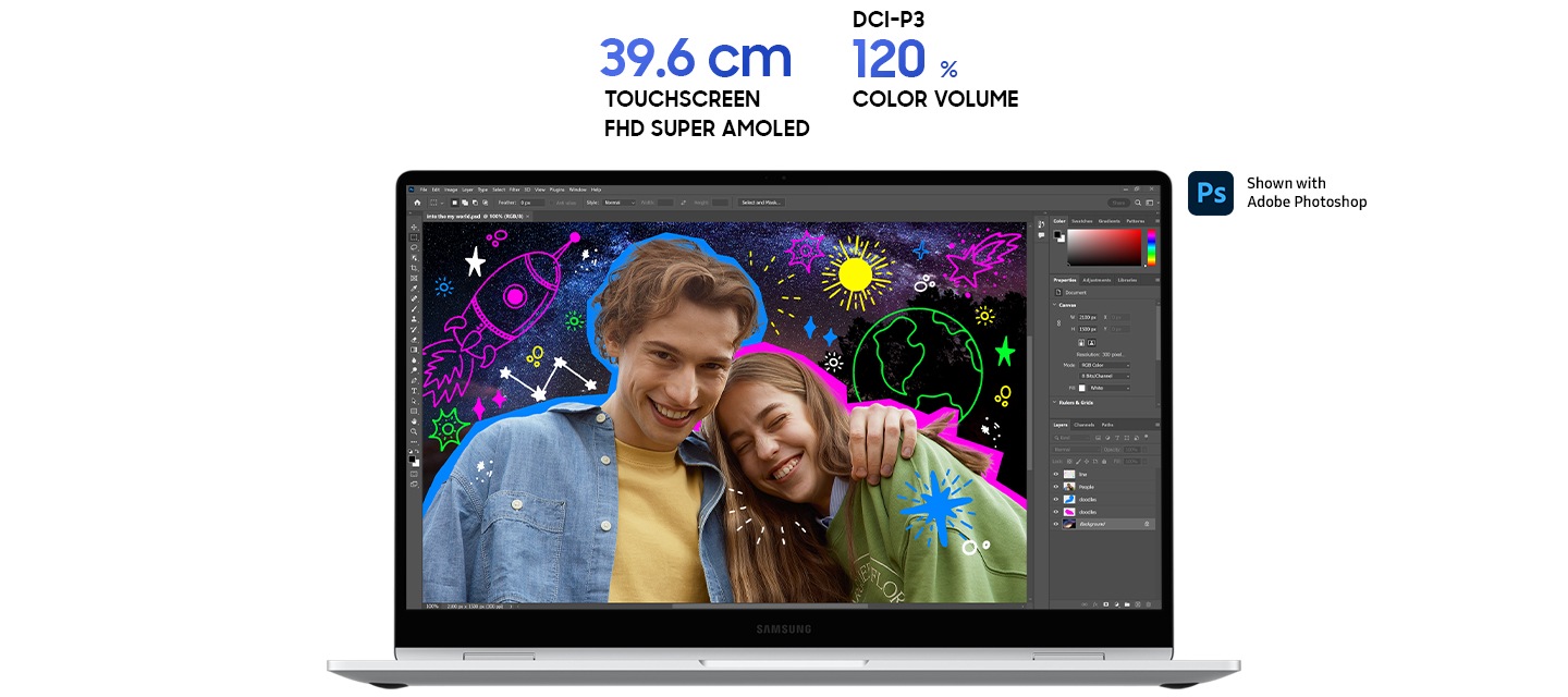 갤럭시 북4 360이 오픈된 상태로 보이며, 화면에는 커플의 사진과 함께 선명한 컬러의 일러스트로 꾸민 포토샵 작업 화면이 보입니다. 제품의 우측 상단에는 Adobe 포토샵 로고가 있고 최상단 중앙에는 39.6 cm, DCI-P3 120%라고 표기되어 있습니다.