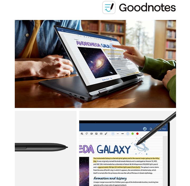 우드톤 테이블 위에 갤럭시 북4 360의 화면이 360도 회전한 상태로 놓여있고, 손으로 해당 화면을 편집중인 모습이 보입니다. 해당이미지 좌측 하단에는 S펜이 확대되어 보여지며, 우측에는 S펜으로 화면에 그림을 그리는 듯한 모습이 배치되어 있습니다.