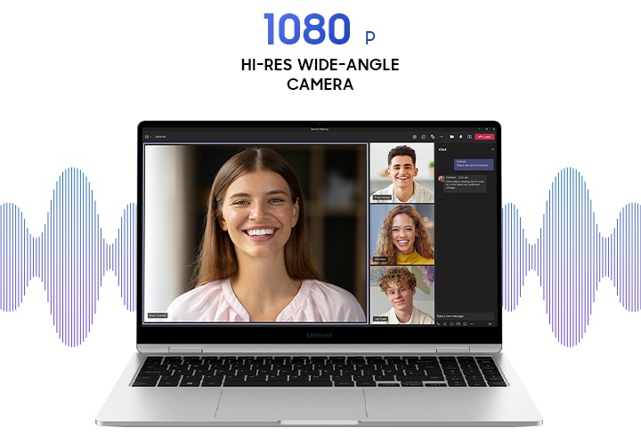 화질을 나타내는 1080 p라는 텍스트가 보이고 갤럭시 북4 360 화면에는 4명이 영상통화를 하고있는 화면이 보입니다.