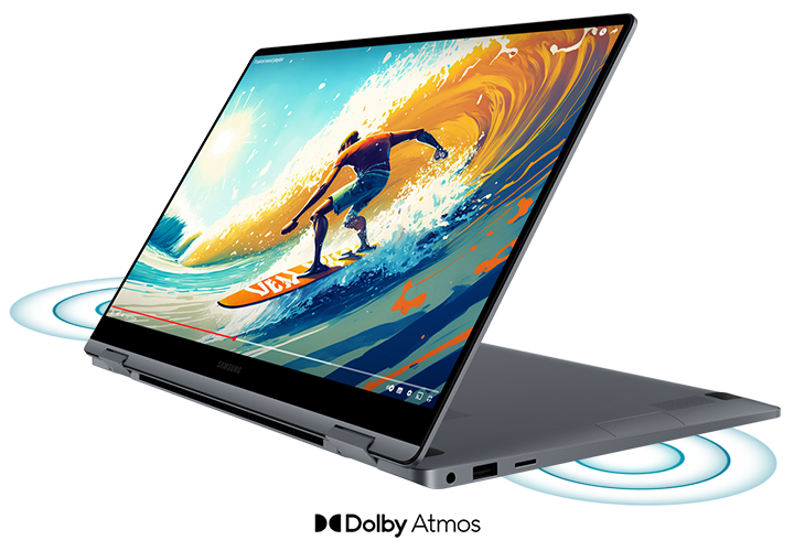 모니터가 회전한 상태로 열려있는 갤럭시 북4 360입니다. 화면에는 서핑중인 남자 일러스트가 보이며, 하단에는 음파를 표현한 이미지와 Dolby Atmos 로고가 있습니다.