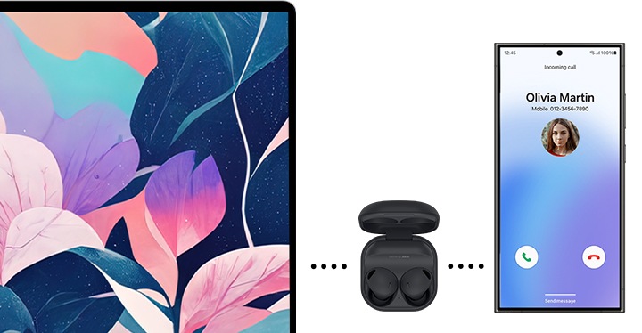 갤럭시 버즈2 프로를 갤럭시 북4 360과 갤럭시 S24 Ultra에 페어링했습니다. 전화 수신 화면이 갤럭시 S24 Ultra에 표시됩니다. 갤럭시 북4 360에는 전화 알림 팝업창이 떠있습니다. 갤럭시 버즈2 프로 오디오가 중간에 위치하여 노트북과 스마트폰 간에 자동으로 오디오가 전환됨을 나타내고 있습니다.