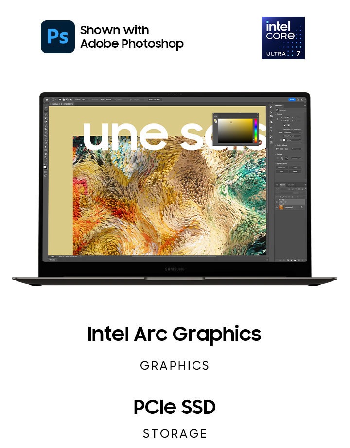 그라파이트 색상의 갤럭시 북3 Pro가 정면을 향해 열려있습니다. 화면에는 화려한 추상화 이미지가 열려있는 Adobe Photoshop이 띄워져 있습니다. Adobe Photoshop 로고가 표시되어 있고 하단에는 