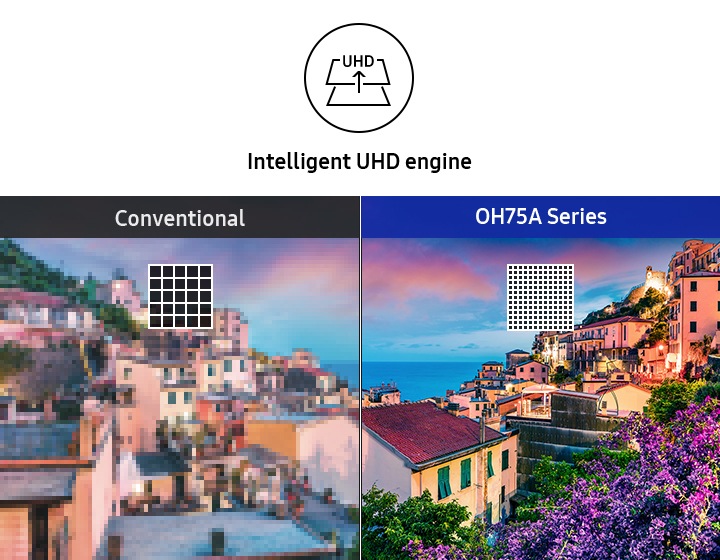 다양한 색상의 집들이 모여있는 컬러풀한 마을의 모습이 송출중인 화면이 반으로 대칭되어 나뉘어져 있으며, 왼쪽은 컬러와 화질이 선명하지 못한 상태를 보여주고 있고, 오른쪽은 OHA75 라는 표기와 함께 화잘이 선명한 상태를 보여주고 있습니다.