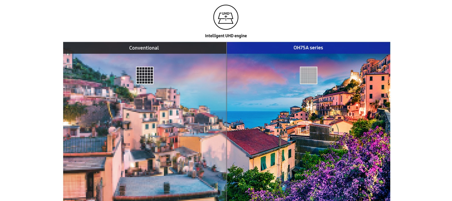 다양한 색상의 집들이 모여있는 컬러풀한 마을의 모습이 송출중인 화면이 반으로 대칭되어 나뉘어져 있으며, 왼쪽은 컬러와 화질이 선명하지 못한 상태를 보여주고 있고, 오른쪽은 OHA75 라는 표기와 함께 화잘이 선명한 상태를 보여주고 있습니다.