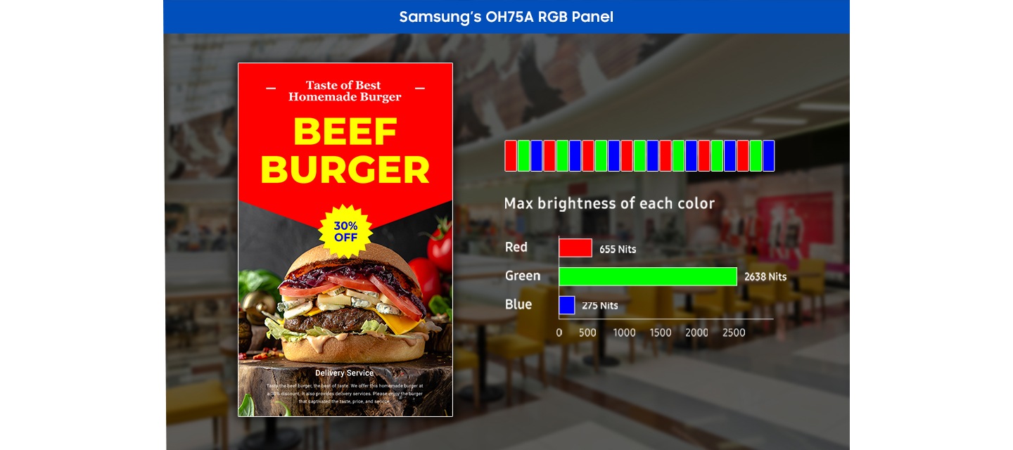 OHA 시리즈의 RGB 패널 설명입니다. 화면 내 보여지는 선명한 색상의 이미지가 있고 우측으로 Red, Green, Blue 값의 Nit 수치값을 보여줍니다.
