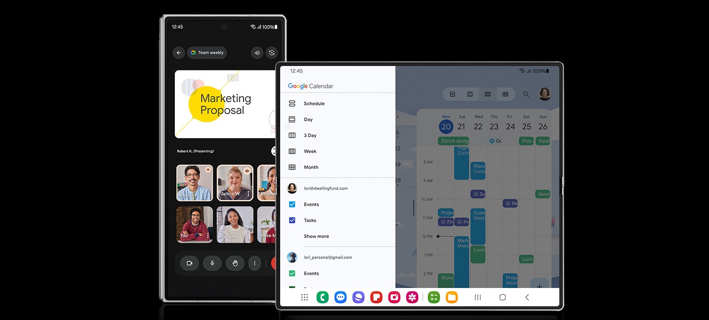 갤럭시 Z 폴드6 2대가 있습니다. 하나는 커버 스크린에 전문적인 컨퍼런스 콜이 진행되는 모습이 표시되어 있습니다. 다른 하나는 메인 화면이 펼쳐져 있고 일정을 관리하기 위해 공유된 Google 캘린더가 표시되어 있습니다.