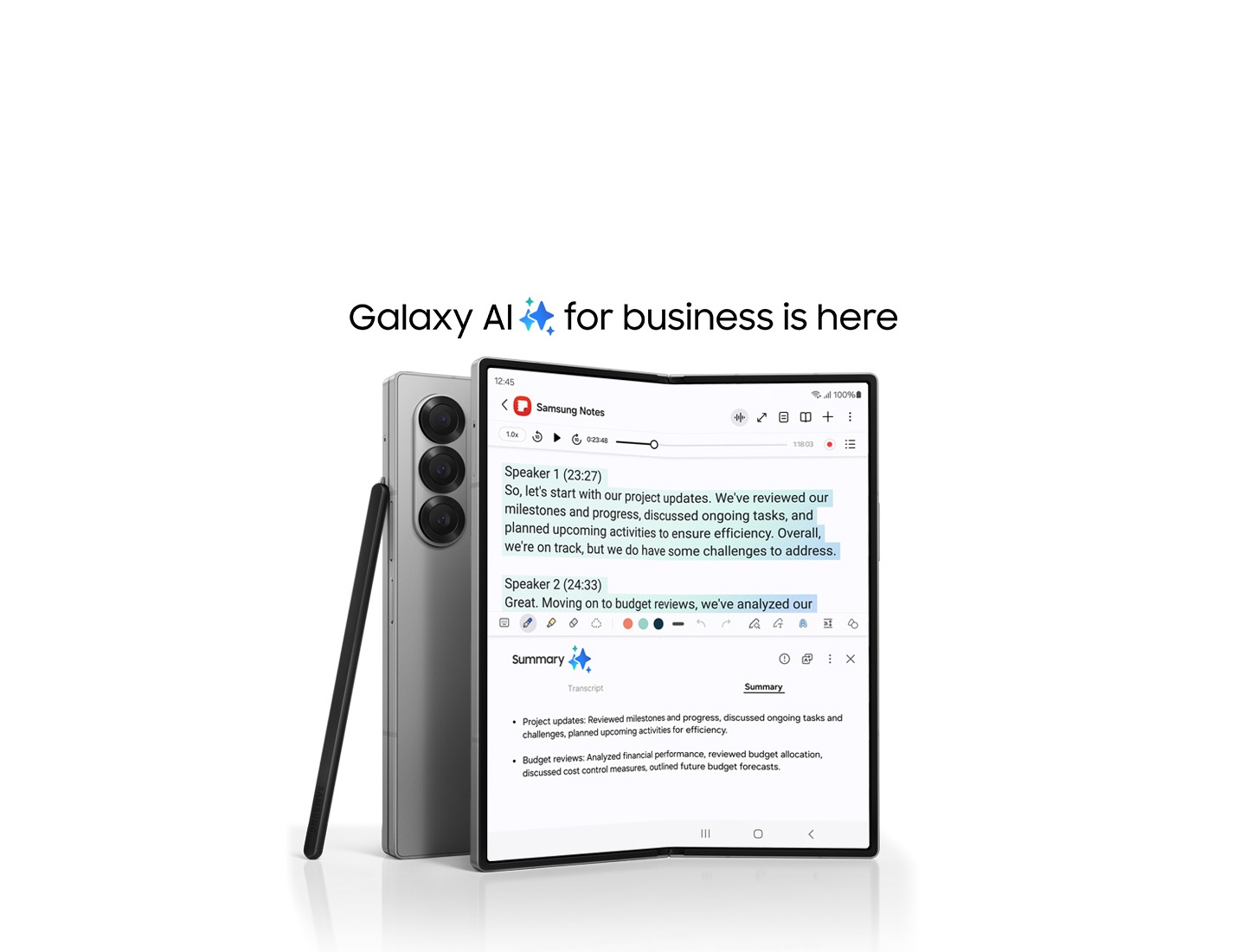 Galaxy AI for business is here라는 텍스트가 있습니다. 갤럭시 Z 폴드6가 펼쳐져 있고 메인 화면에 삼성 노트 앱이 열려 있습니다. 화면에는 노트 어시스트가 활성화되어 있습니다. 접혀있는 또 다른 갤럭시 Z 폴드6에 S펜 폴드 에디션이 기대어 있습니다.