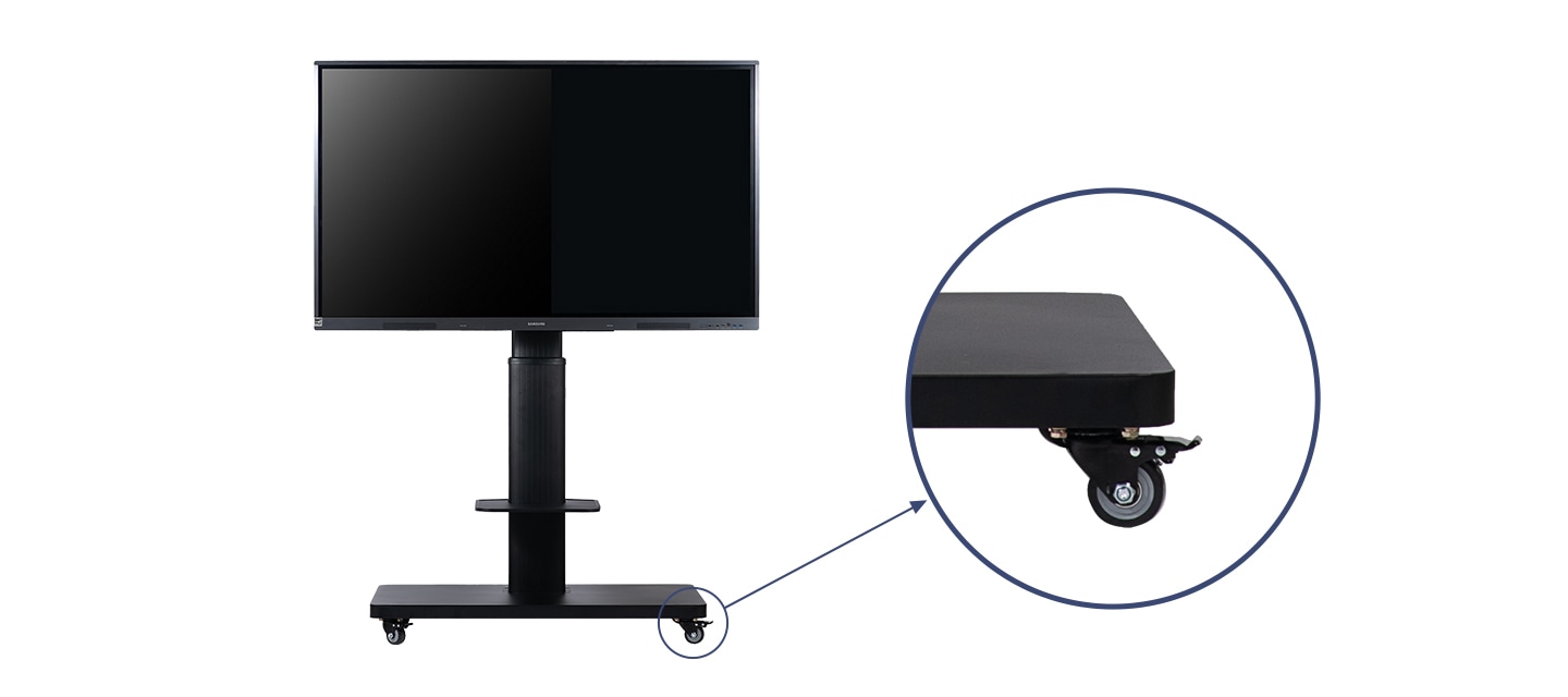 좌측에는 스탠드가 설치된 상태의 WAD 전자칠판의 모습이며, 우측에는 이동식 바퀴를 확대하여 보여주고 있습니다.