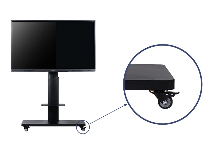 좌측에는 스탠드가 설치된 상태의 WAD 전자칠판의 모습이며, 우측에는 이동식 바퀴를 확대하여 보여주고 있습니다.