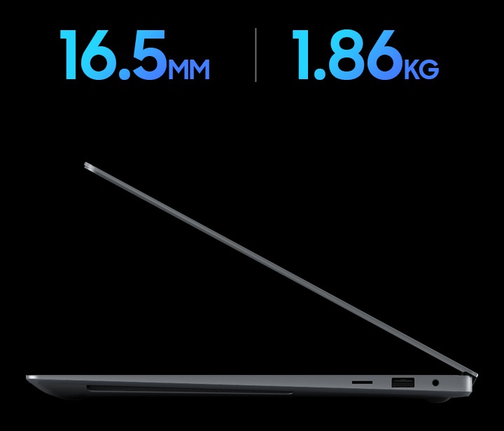 문스톤 그레이 색상의 갤럭시 북 4 Ultra는 측면에서 반쯤 열려 있어 세련된 노트북 디자인을 강조합니다. 갤럭시북4 Ultra의 두께는 16.5 mm, 무게는 1.86 kg임을 나타내고 있습니다.