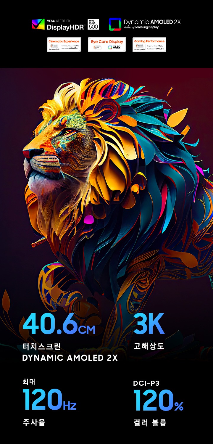갤럭시 북4 Ultra 화면에 다채로운 색상으로 칠해진 사자의 이미지가 있습니다. 이미지 상단에는 VESA 인증 DisplayHDR 500 로고와 가 생생하게 구현된 Dynamic AMOLED 2X 삼성 Display 로고가 표시되어 있습니다. 로고의 하단에는 세 가지 SGS 인증이 표시되어 있습니다. 첫 번째 인증은 시네마틱 경험 로고입니다. 색상 볼륨(DCI-P3)이 120 % 이상, 0.0005nit 이하의 트루 블랙이라는 텍스트가 적혀있습니다. 두 번째는 Eye Care Display 로고입니다. 세 번째 인증은 0.2ms 이하의 응답 시간 텍스트가 포함된 게임 성능 로고입니다. 세 가지 모두 삼성 OLED를 통한 SGS 성능 테스트임이 표시되어 있습니다.
