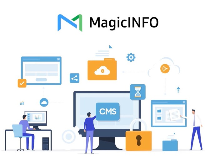 Magic INFO 서비스 로고가 있고 그 아래에는 다양한 CMS 관리 컨텐츠를 나타내는 일러스트가 있습니다.