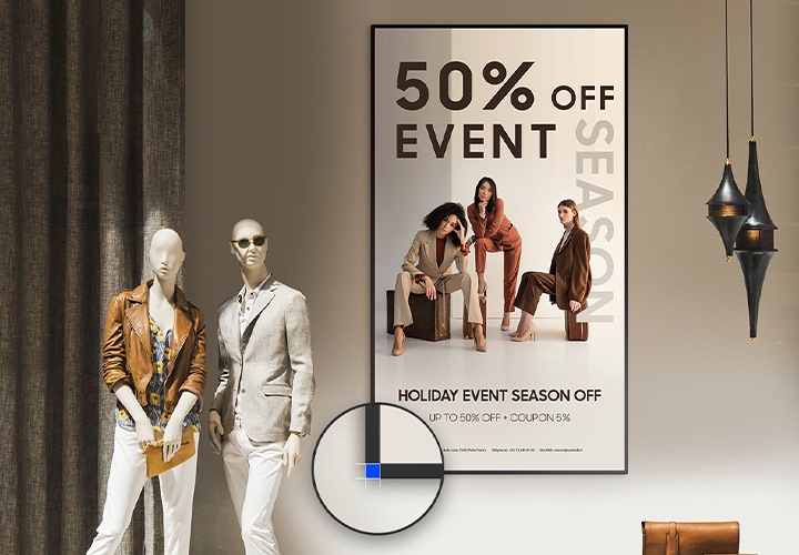 샵공간의 벽면에 단독형 UHD M 시리즈가 설치되어 있습니다. 제품의 왼쪽 하단에 베젤의 두께가 균일한 것을 확대하여 보여주고 있습니다.