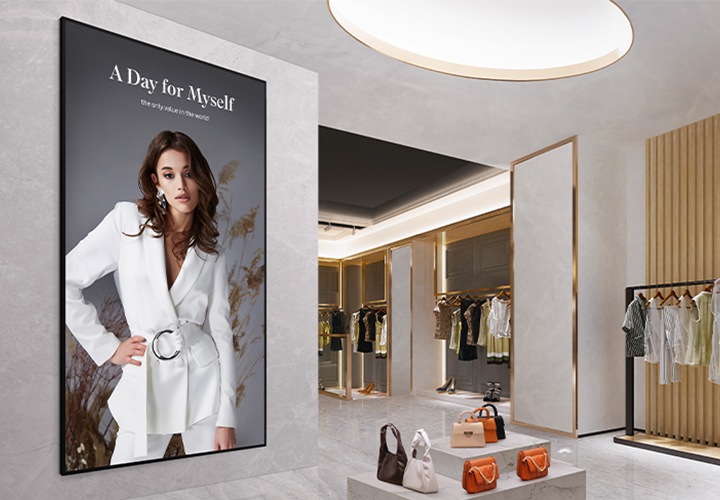 그레이톤으로 인테리어된 심플한 샵 공간의 왼쪽 벽면에 단독형 UHD M 시리즈가 설치되어 있습니다.