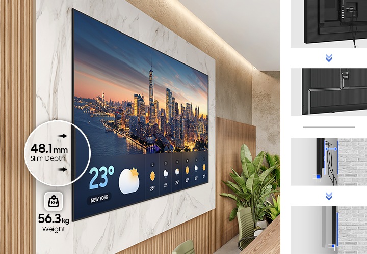 단독형 UHD M 시리즈 벽면에 설치되어 있습니다. 단독형 UHD M 시리즈 측면 두께를 강조하여 표시해 보여주고 있으며 48.1 mm 슬림한 두께와 56.3kg의 무게가 표기 되어 있습니다.