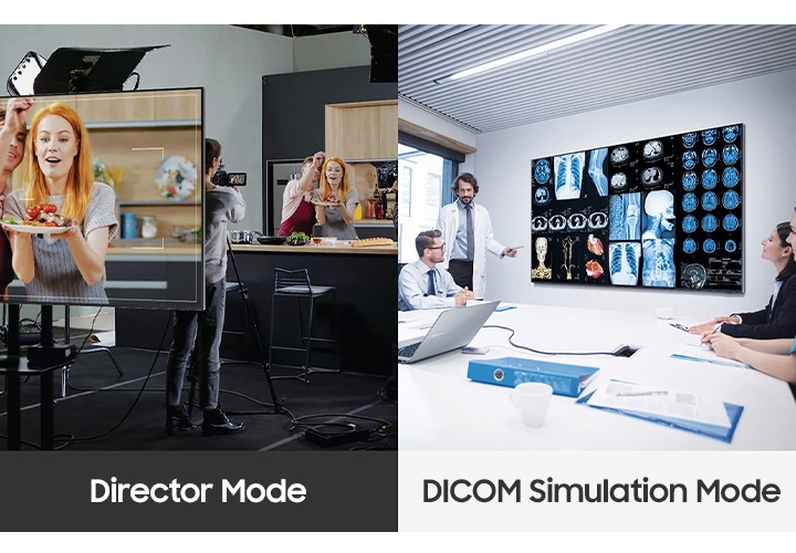 왼쪽에는 컨텐츠를 촬영하고 있는 현장의 모습이며, 그 앞으로 촬영중인 컨텐츠가 비추는 단독형 UHD M 시리즈가 있습니다. 아래에는 Direct mode라고 표기되어 있습니다. 오른쪽에는 벽면에 설치된 단독형 UHD M 시리즈에 각 의료용 자료화면이 비추고 있고 이를 보며 회의중인 의사들의 모습이 보입니다. 그 아래에는 DICOM simulation mode 라고 표기되어 있습니다.