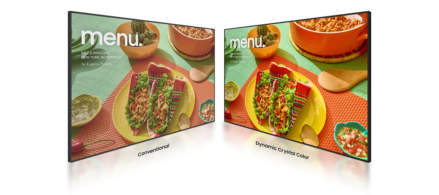 대칭으로 2개의 사이니지가 동일한 화면을 보여주는 모습입니다. 왼쪽의 기존 UHD의 화면보다 오른쪽의 단독형 UHD M 시리즈 화면이 다이내믹 크리스탈 컬러 표현으로 더욱 선명한 색상과 화질을 나타내고 있습니다.