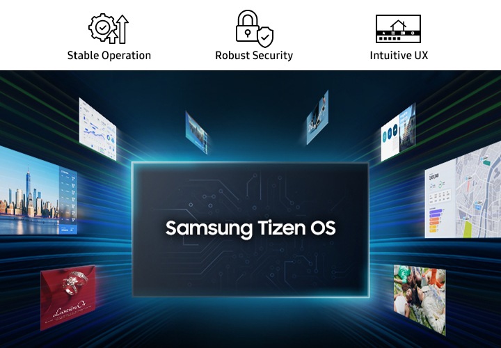 정면으로 Samsung Tizen OS라고 쓰여진 TV 제품이 있고 사방으로 다양한 컨텐츠 화면이 펼쳐지는 듯한 모습입니다.