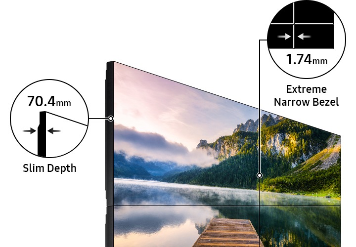 70.4mm의 슬림한 두께와 1.74mm 얇은 베젤을 설명하고 있습니다.