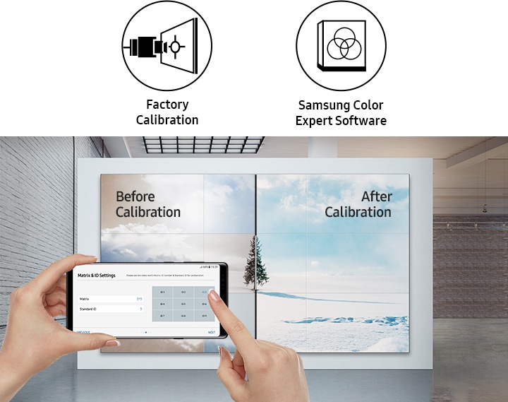 모바일의 소프트웨어를 통해 보정을 하고 있습니다. 보정 전 화면과 보정 후 화면을 2분할 하여 보여주고 있습니다.