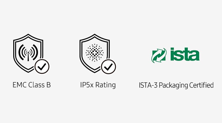 EMC Class B, IP5x Rating, ISTA-6 Packaging Certified 인증로고가 있습니다.