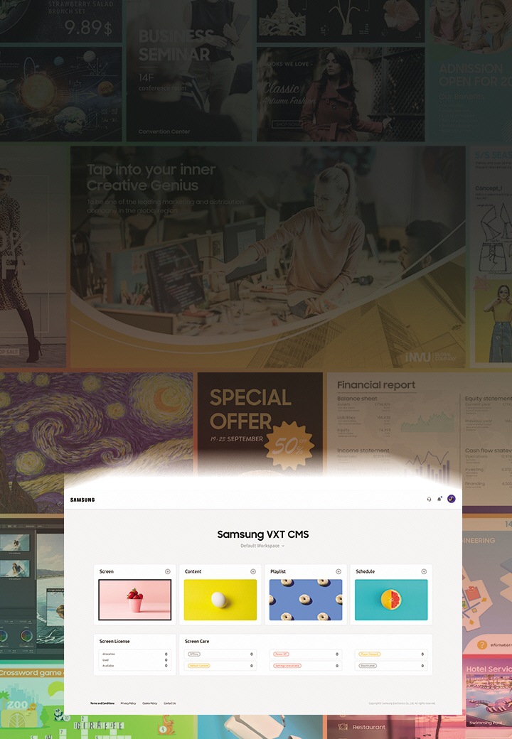 [삼성 VXT 메인 Ú~Í가 다양한 광고 콘텐츠 위에 나타납니다.] 