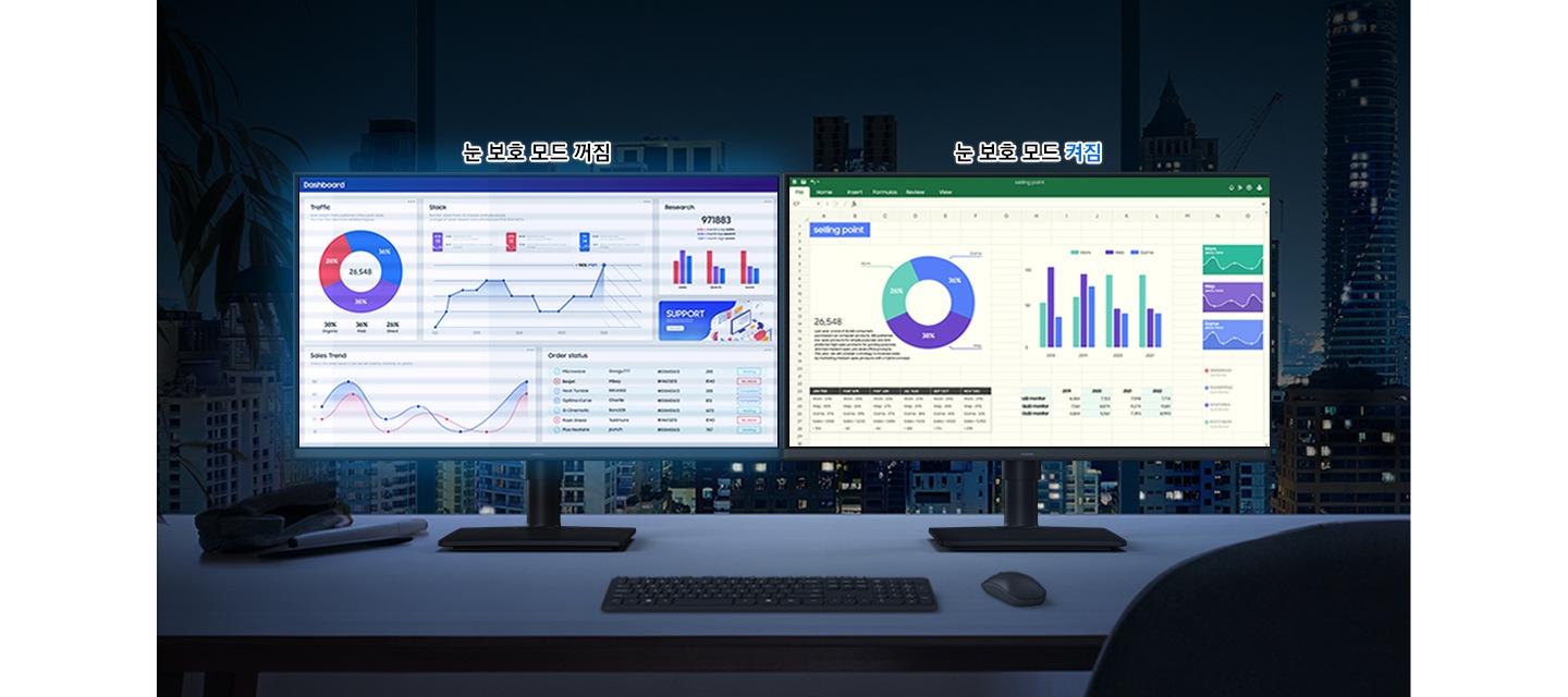 어두운 도시 풍경과 함께 희미하게 책상이 보이고, 책상 위엔 마우스 및 키보드와 모니터 2대가 보입니다. 모니터 2대의 화면에는 각각 마이크로소프트 액셀 작업 창이 열려 있습니다. 왼쪽의 모니터 화면에는 새하얀 작업창이 보이고, 모니터 위에는 눈 보호 모드 꺼짐 이라는 문구가 보입니다. 오른쪽의 모니터 화면에는 상대적으로 희미한 노랑빛이 감도는 하얀 작업창이 보이고, 모니터 위에는 눈 보호 모드 켜짐 이라는 문구가 보입니다.