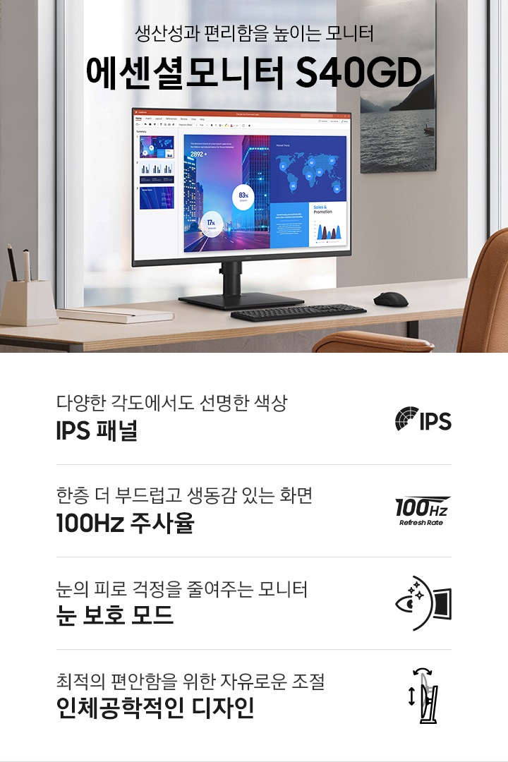 책상 위에 키보드 및 마우스와 함께 모니터가 놓여있습니다. 모니터 화면에는 마이크로소프트 파워포인트 작업 창이 열려 있습니다. 아래 이미지에는 4가지의 아이콘과 문구가 보입니다. 가장 왼쪽에는 IPS라는 아이콘이 보이고, 아래에는 다양한 각도에서도 선명한 색상 이라는 문구와 IPS 패널 이라는 문구가 보입니다. 그 오른쪽에는 100Hz Refresh Rate 라는 아이콘이 보이고, 아래에는 한층 더 부드럽고 생동감 있는 화면 이라는 문구와 100Hz 주사율 이라는 문구가 보입니다. 그 오른쪽에는 사람의 눈동자와 모니터의 단면이 마주보고 그 사이에 반짝이는 도형이 있는 아이콘이 보이고, 아래에는 눈의 피로 걱정을 줄여주는 모니터 라는 문구와 눈 보호 모드 라는 문구가 보입니다. 그 오른쪽에는 모니터의 왼쪽 단면 아이콘과 함께 우측 상단으로 희미하게 동일한 모니터의 왼쪽 단면 아이콘이 겹쳐져 보이며 이 모니터 아이콘들의 왼쪽엔 위/아래 화살표와 모니터 아이콘들의 윗쪽엔 좌우 끝이 아래 방향으로 휘어진 화살표가 한 세트인 아이콘이 보이고, 그 아래에 최적의 편안함을 위한 자유로운 조절 이라는 문구와 인체공학적인 디자인 이라는 문구가 보입니다.