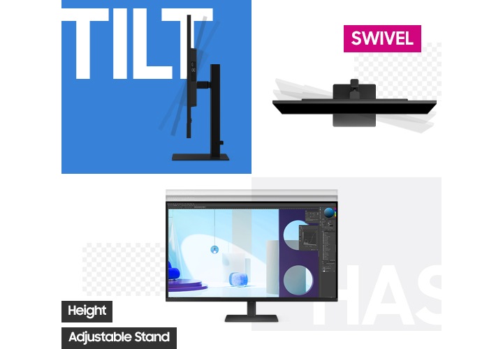 TILT, SWIVEL 기능과 높이 조절 기능이 가능한 점을 이미지로 각각 표현하여 보여주고 있습니다.