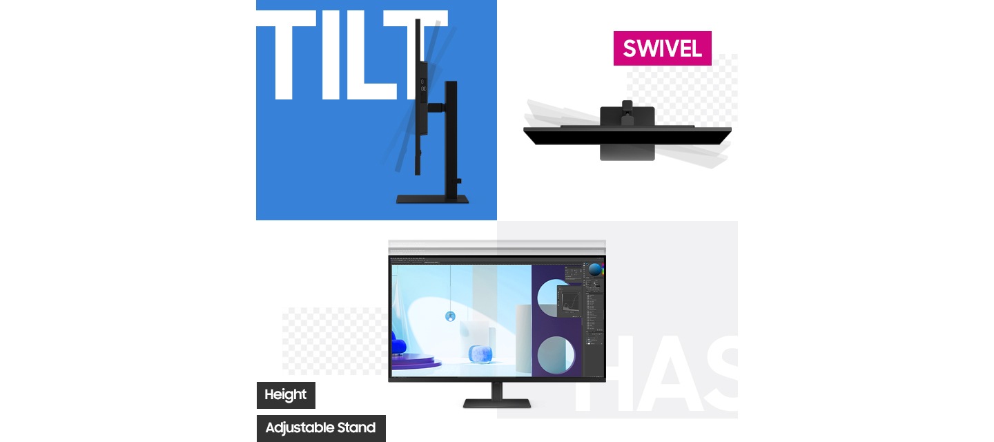TILT, SWIVEL 기능과 높이 조절 기능이 가능한 점을 이미지로 각각 표현하여 보여주고 있습니다.